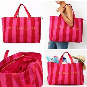 Victoria’s Secret Pink Red Stripe Canvas Tote Bag Oversized Zip Weekender